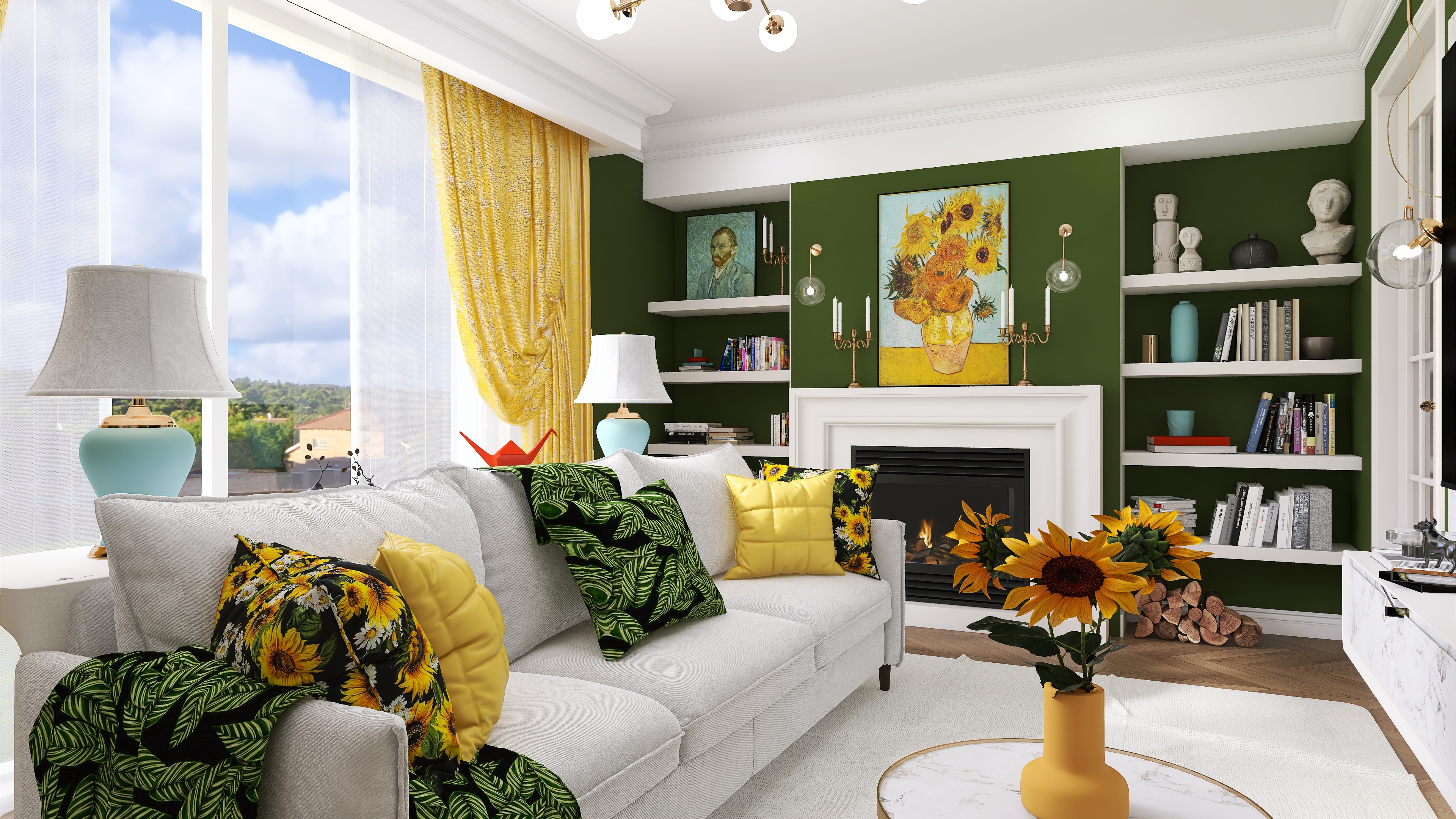  Living room in the flowers of a sunflower field