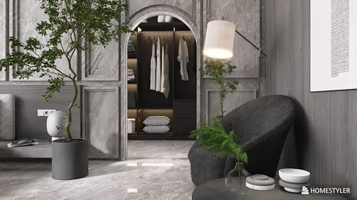A cozy seating area with a modern chair and potted plant, designed for a minimalist bedroom walk-in closet, featuring smart furniture arrangement using Homestyler's interior design tools.