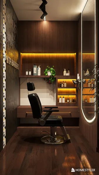 A modern hair salon interior featuring a sleek barber chair and illuminated wooden shelves. The design emphasizes a contemporary aesthetic with warm lighting and stylish decor, ideal for showcasing interior decor ideas. This image highlights Homestyler's real-time 3D rendering function for an accurate design preview.