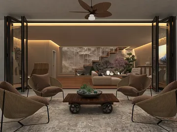 modern living room with open layout featuring a cozy seating arrangement, enhancing spatial value using smart furniture layout from Homestyler.