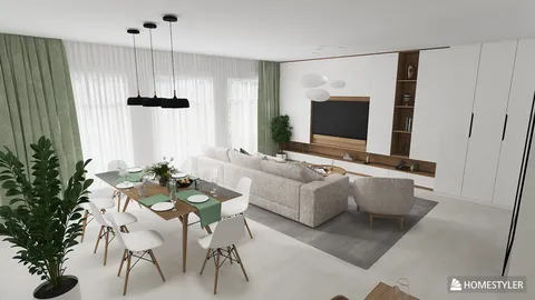 modern living room interior design featuring a spacious layout with a cozy sofa and dining area, incorporating smart furniture arrangement for optimal space utilization, using Homestyler's real-time 3D rendering feature.