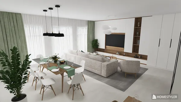 modern living room interior design featuring a spacious layout with a cozy sofa and dining area, incorporating smart furniture arrangement for optimal space utilization, using Homestyler's real-time 3D rendering feature.