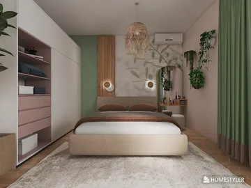 A stylish bedroom featuring a modern bed with earthy tones and a green accent wall, showcasing intelligent furniture arrangement to optimize space while enhancing comfort and aesthetic appeal, using Homestyler's real-time 3D rendering capabilities.