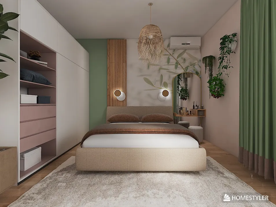 A stylish bedroom featuring a modern bed with earthy tones and a green accent wall, showcasing intelligent furniture arrangement to optimize space while enhancing comfort and aesthetic appeal, using Homestyler's real-time 3D rendering capabilities.