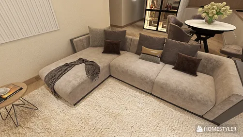 Cozy sectional sofa with plush cushions arranged in a modern living room style, enhancing comfort and relaxation while featuring Homestyler's real-time 3D rendering.
