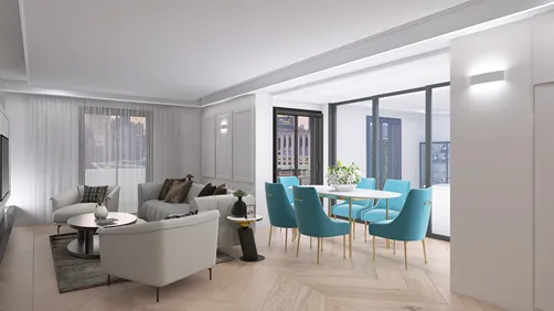 Modern living room featuring a spacious sectional sofa and elegant dining area styled with blue chairs, showcasing an open layout design that enhances the flow of light and space, utilizing Homestyler's real-time 3D rendering for effective interior design visualization.