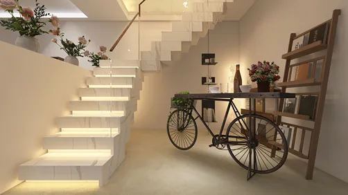 modern staircase design featuring illuminated steps, paired with a vintage bicycle table setup in a cozy entryway, showcasing interior decor elements; highlights Homestyler's real-time 3D rendering capabilities.