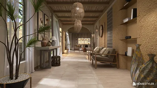 modern living room with natural lighting and stylish decor featuring wooden elements, showcasing interior decoration trends; highlighting Homestyler's real-time 3D rendering feature.