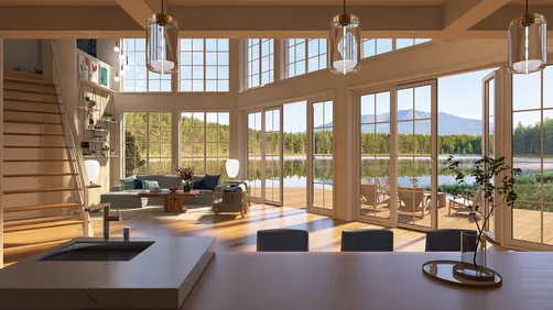 modern open-concept living room with large windows showcasing a scenic lake view, featuring smart furniture arrangement for optimal space use, showcasing Homestyler's real-time 3D rendering capability.