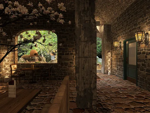 rustic stone interior design showcasing a cozy dining area with wooden furniture surrounded by nature-inspired decor, featuring Homestyler's real-time 3D rendering capabilities.