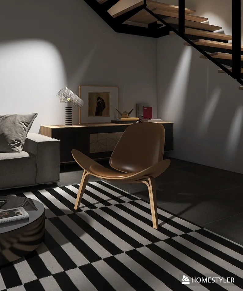 brown chair showcasing modern furniture placement in a minimalist living room style with a cozy ambiance, featuring Homestyler's AR virtual furniture placement capabilities.