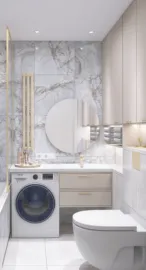 modern bathroom with integrated washing machine and stylish circular mirror featuring elegant marble walls and cabinetry, showcasing interior decor design using Homestyler's real-time 3D rendering for efficient design previews.