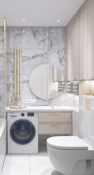 modern bathroom with integrated washing machine and stylish circular mirror featuring elegant marble walls and cabinetry, showcasing interior decor design using Homestyler's real-time 3D rendering for efficient design previews.