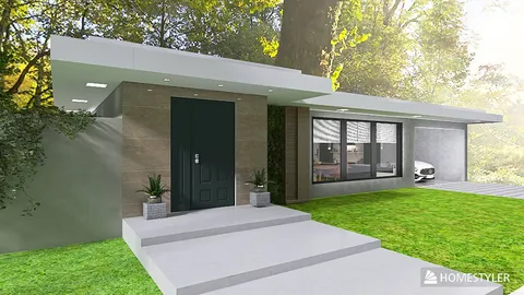 modern house exterior design featuring a sleek entrance and large windows, showcasing a contemporary style, utilizing Homestyler for real-time 3D rendering to visualize the architectural layout.