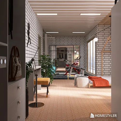 Home gym area featuring exercise equipment and decorative elements, focusing on maximizing small spaces with smart furniture arrangement, utilizing Homestyler's real-time 3D rendering feature.