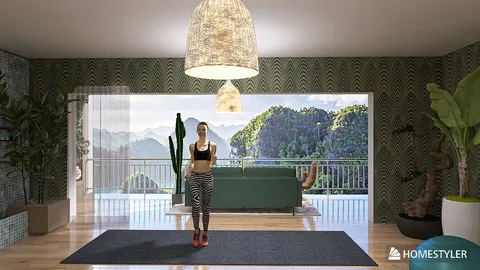 modern living room featuring a woman standing by a couch, showcasing an elegant design with natural elements and ample sunlight; includes a 3D rendering of interior décor optimized with Homestyler's real-time rendering feature.