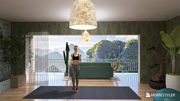 modern living room featuring a woman standing by a couch, showcasing an elegant design with natural elements and ample sunlight; includes a 3D rendering of interior décor optimized with Homestyler's real-time rendering feature.