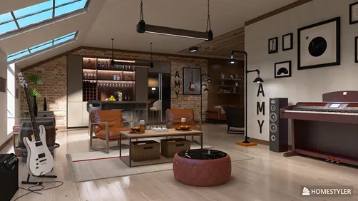 modern living room with rustic elements featuring furniture arrangement and professional 3D rendering from Homestyler, emphasizing open space value