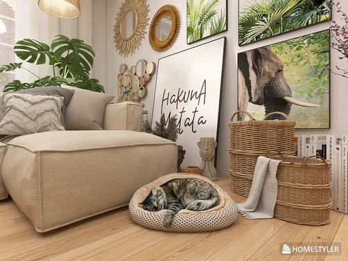 cozy corner with a cat resting on a pet bed featuring stylish wall art and plants, showcasing a modern bohemian style living room using Homestyler's real-time 3D rendering feature.