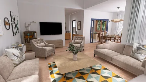 Modern living room featuring cozy seating arrangement with neutral tones and a patterned area rug, designed for optimal space utilization using Homestyler's intelligent furniture layout functionality.