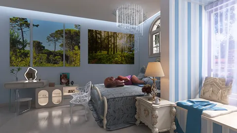 cozy bedroom with a sleeping woman, featuring modern decor and natural light, showcasing Homestyler's real-time 3D rendering for interior design ideas