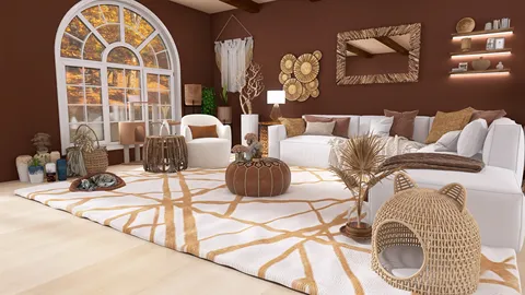 cozy living room design featuring a comfortable seating area with a natural palette, enhanced by smart furniture arrangement for optimal space utilization, showcasing a warm and inviting ambiance.