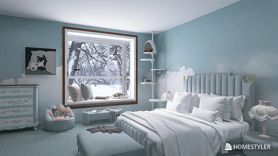 cozy bedroom with a light blue color scheme featuring a plush bed and decorative cat tree, designed for optimal space utilization using Homestyler's AR virtual furniture placement feature.