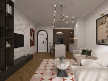 living room featuring modern furniture arrangement with elegant decor style, showcasing interior design using Homestyler's real-time 3D rendering feature.