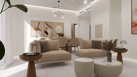 living room interior design featuring modern sofas and decorative elements, showcasing a light and airy style, using Homestyler's real-time 3D rendering for visualizing renovation effects.