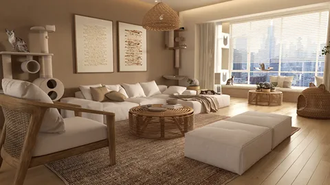 A cozy living room featuring a rattan furniture arrangement styled in a modern bohemian theme, showcasing interior decor ideas for homestyler's real-time 3D rendering functionality.