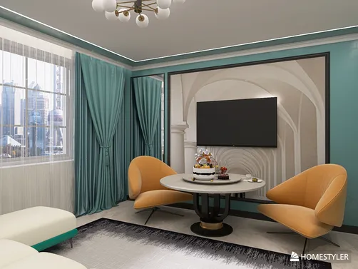 Modern living room featuring a stylish round table and orange accent chairs, showcasing a cozy design for a welcoming atmosphere, enhanced by Homestyler's real-time 3D rendering functionality.