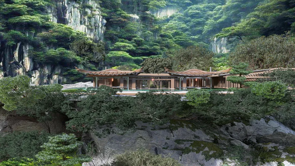 modern hillside house design overlooking lush greenery in a natural setting using Homestyler's real-time 3D rendering for interior design visualization.