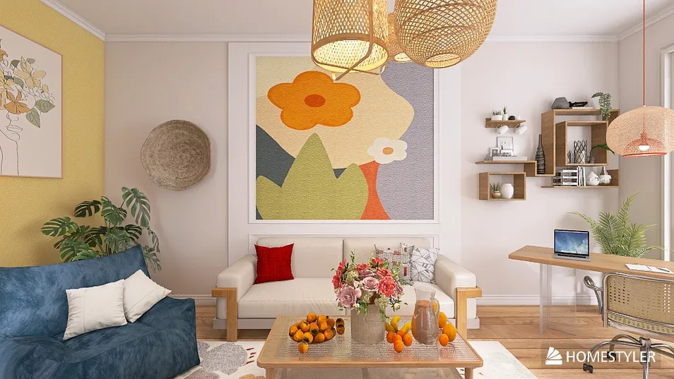 A cozy living room with a blue sofa and a white armchair, featuring a floral arrangement and bright artwork on the wall; showcasing a modern bohemian style with Homestyler's real-time 3D rendering.