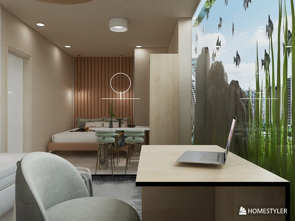 Modern bedroom interior design featuring a serene atmosphere with smart furniture arrangement, incorporating Homestyler's real-time 3D rendering for a realistic visual preview.