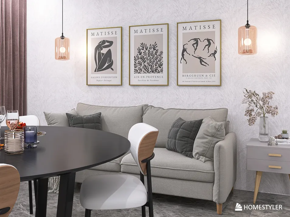 A stylish living room featuring a modern sofa arrangement, complemented by art prints on the wall, showcasing a contemporary design aesthetic that enhances space value through Homestyler's real-time 3D rendering functionality.