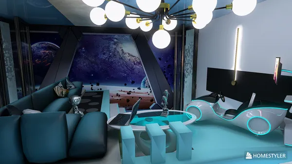 futuristic living room featuring a sleek sofa and modern decor with a cosmic view, designed using Homestyler's real-time 3D rendering for an immersive interior design experience.