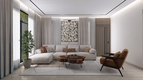 modern living room with a sectional sofa and wooden coffee table featuring a cozy arrangement, showcasing contemporary interior design with smart furniture layout from Homestyler
