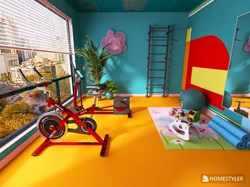 home gym equipment arranged in a vibrant color scheme with a modern design, featuring a stationary bike and exercise area, showcasing an active lifestyle and fitness space using Homestyler's real-time 3D rendering feature.