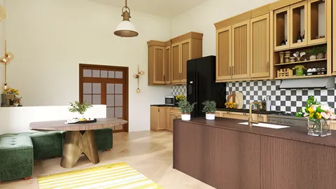 modern kitchen design featuring wooden cabinets and checkered backsplash, utilizing Homestyler's real-time 3D rendering for an immersive layout preview.