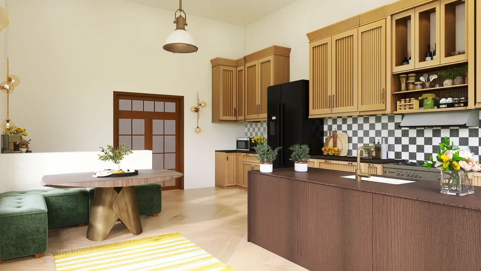 modern kitchen design featuring wooden cabinets and checkered backsplash, utilizing Homestyler's real-time 3D rendering for an immersive layout preview.