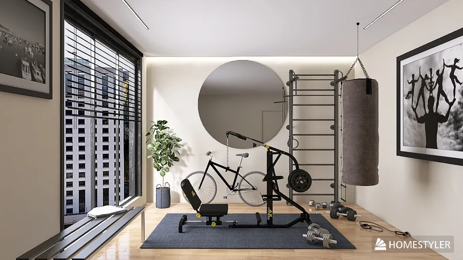 Home gym area featuring fitness equipment, arranged for workout sessions, modern style, ideal for promoting a healthy lifestyle. Includes Homestyler's real-time 3D rendering feature.