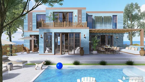 modern villa exterior design featuring a swimming pool and outdoor seating area, showcasing a coastal style with a relaxing ambiance, utilizing Homestyler's real-time 3D rendering for effective visualization.