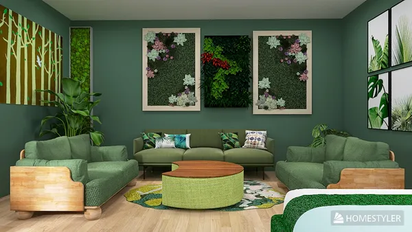 green living room with cozy seating arrangement and lush plant decor, styled for a nature-inspired interior design, featuring Homestyler's real-time 3D rendering for effective design visualization.