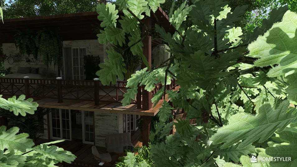modern outdoor balcony design with lush greenery and wooden elements showcasing an inviting living space in a serene environment, featuring Homestyler's real-time 3D rendering capability.