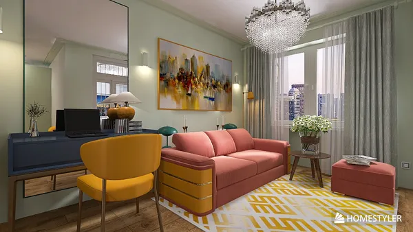 modern living room design featuring a colorful sofa arrangement with an artistic wall decoration, utilizing Homestyler's real-time 3D rendering for quick visualizations.