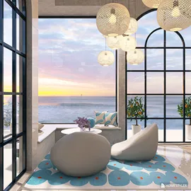 modern lounge area featuring cozy seating with a beautiful ocean view, designed with a beachy aesthetic, showcasing the interior design concept using Homestyler's real-time 3D rendering feature.