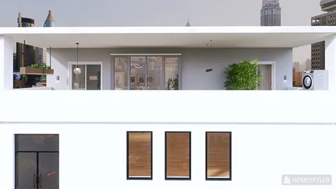 Modern balcony design showcasing an urban view, featuring stylish outdoor furniture arrangement and greenery, emphasizing indoor-outdoor living space optimization using Homestyler's real-time 3D rendering capability.