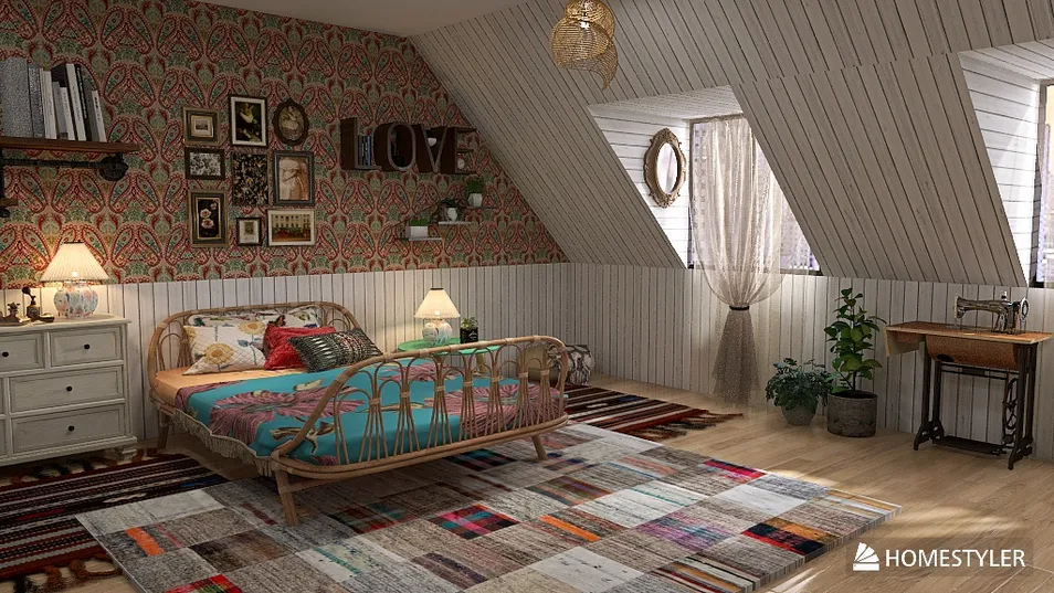 bohemian style bedroom featuring a cozy bed and decorative elements, showcasing interior design with Homestyler's real-time 3D rendering for a quick design proposal.