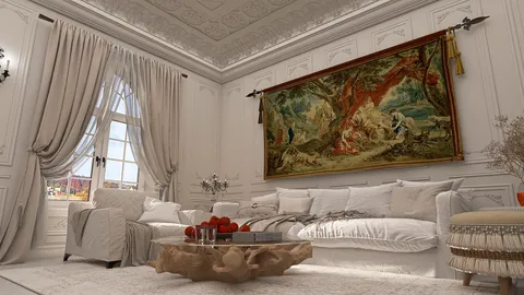 luxurious living room with elegant furnishings featuring a beautiful tapestry decor style showcasing a classic aesthetic, utilizing Homestyler's real-time 3D rendering for design previews.