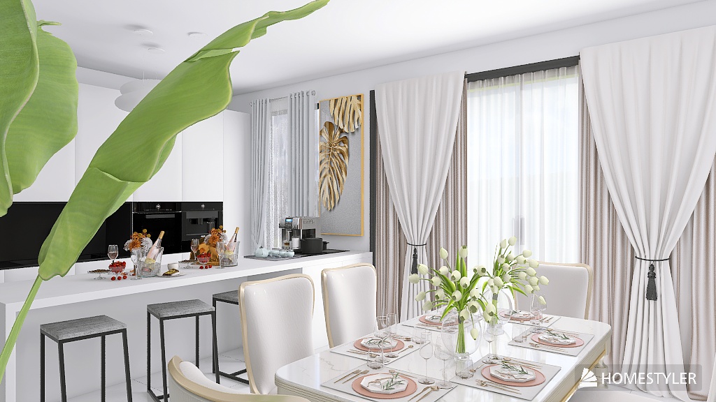 Living room with kitchen of one-story house